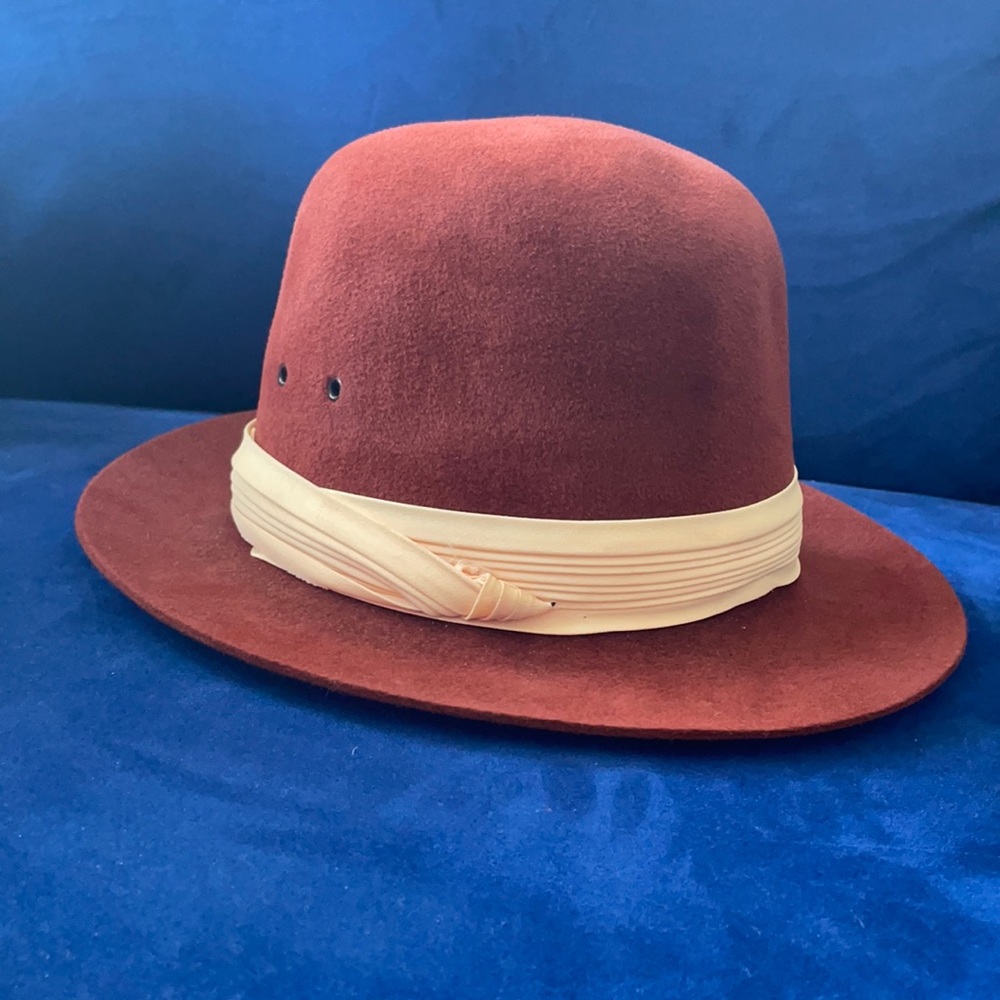 Vintage Henry Pollak Fur Felt Fedora Hat | Brown Red Wide Brim Classic 21.75